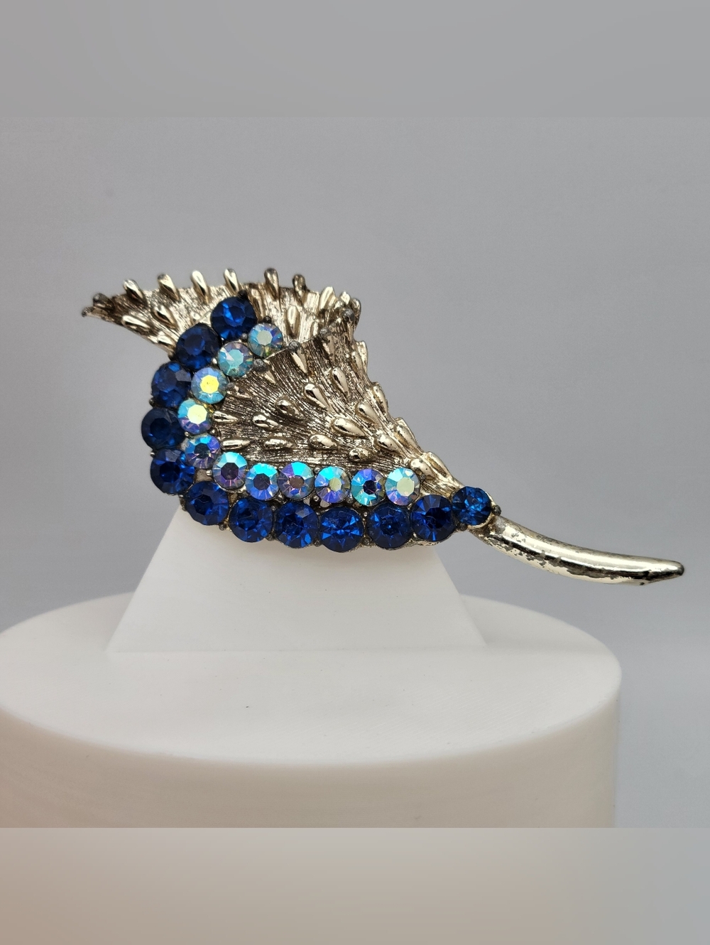 Vintage Blue AB Rhinestone Leaf Brooch Silver Tone 1950s 1960s Costume Pin
